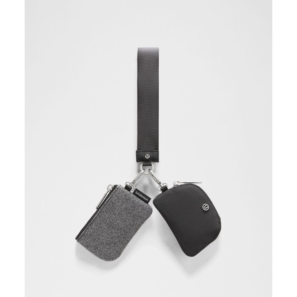 NWT Lululemon Dual Pouch Wristlet Glitter Black Silver Keychain Set SOLD OUT